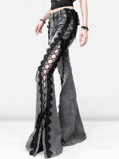 Wolfsbane Lace-Up Flare Jeans side view with black crochet lace and crisscross lace-up cutouts