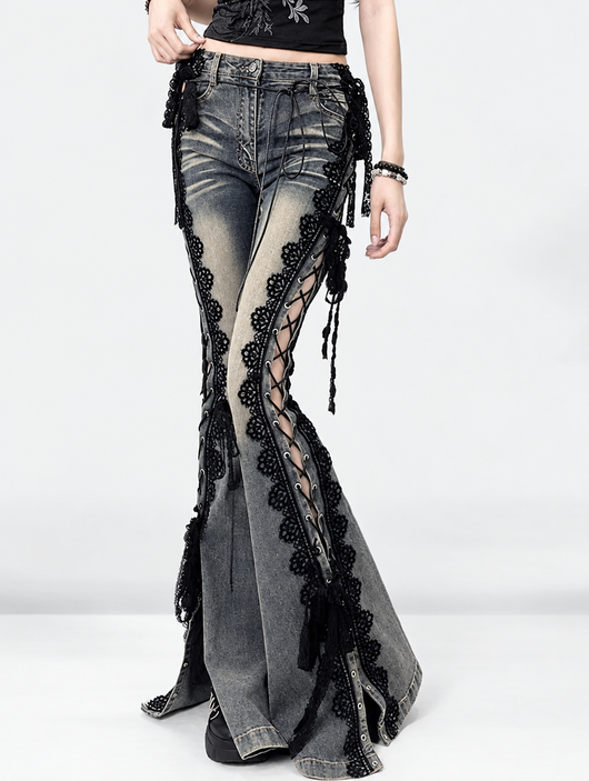 Wolfsbane Lace-Up Flare Jeans front view, vintage wash gothic flare jeans with black lace trim
